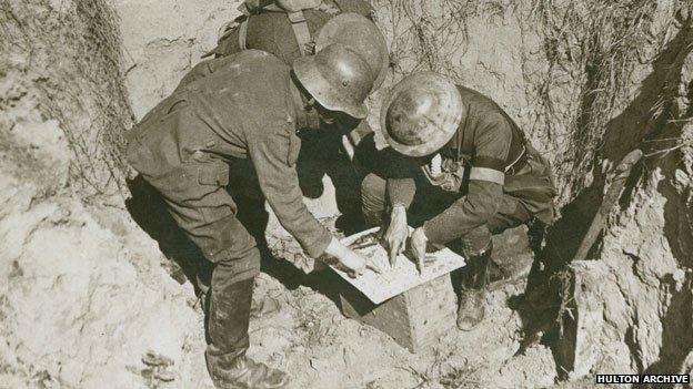 A German prisoner showing the location of his unit in 1918