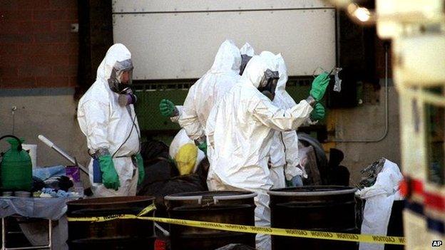 Hazardous materials workers prepare to enter the still-closed Brentwood Mail facility in Washington 25 October 2001