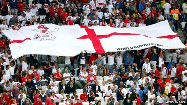 An England flag is seen on the stands during the World Cup game against Uruguay at the Arena de Sao Paulo (19 June 2014)