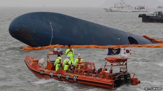 South Korean Coast Guard and rescue teams search for missing passengers at the site of the sunken ferry off the coast of Jindo Island on 17 April, 2014 in Jindo-gun, South Korea