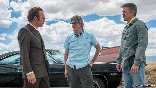 The first-look photo shows Gilligan and Gould from the set, with star Bob Odenkirk (Saul Goodman).