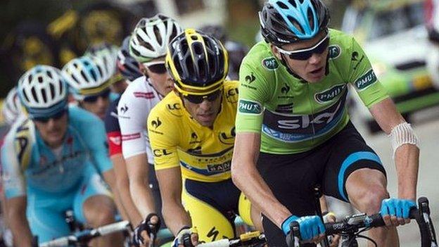 Chris Froome and other riders during a stage of the Criterium du Dauphine cycling race