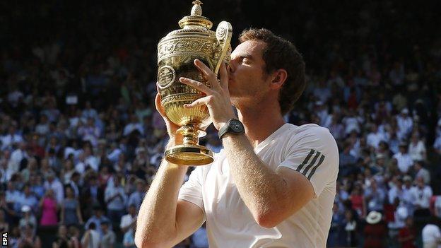 Andy Murray holding the trophy after winning Wimbledon in 2013