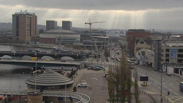 View of Donegall Quay, Oxford Street, Queen Elizabeth bridge and Queen's bridge