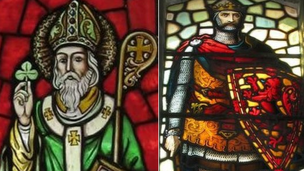 Saint Patrick and Robert the Bruce depicted on stained glass windows