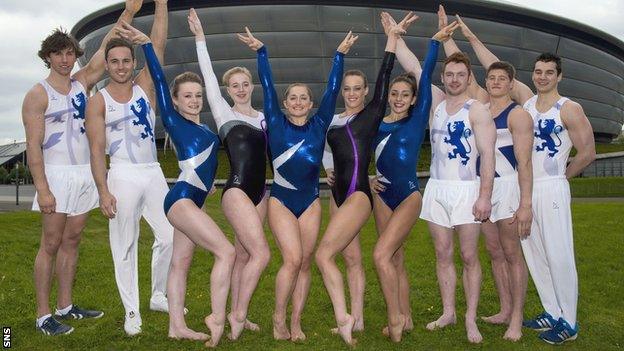 The Scotland artistic gymnastics team: Liam Davie, Daniel Keatings, Erin McLachlan, Cara Kennedy, Amy Regan, Emma White, Carly Smith, Daniel Purvis, Frank Baines, Adam Cox