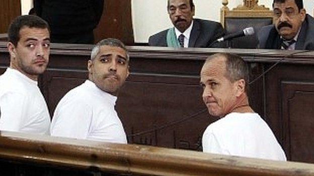 Baher Mohamed (left), Mohamed Fahmy (centre) and Peter Greste (31/03/14)