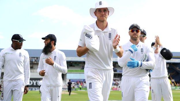 Stuart Broad leaves the field after taking a hat-trick for England against Sri Lanka at Headingley