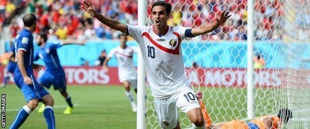 Costa Rica's Bryan Ruiz celebrates scoring against Italy