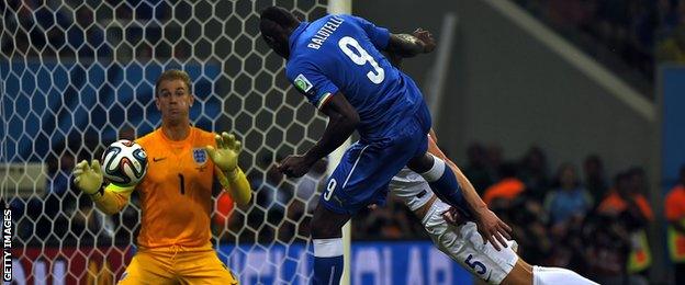 Italy striker Mario Balotelli scores the winner for his country against England in the opening group game between the two sides at the 2014 Fifa World Cup