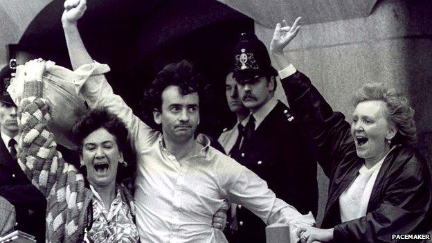 Gerry Conlon, pictured with his sisters after being released at the Old Bailey in 1989