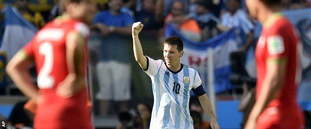 Argentina forward Lionel Messi celebrates scoring against Iran