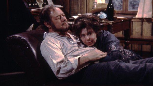 Rex Harrison as Mikhail Platonov, with Patsy Byrne as Sasha, Platonov's wife, in Chekov play Platonov (1971 BBC adaptation)