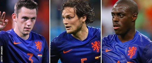 (left to right) Netherlands defenders Stefan de Vrij, Daley Blind and Bruno Martins Indi