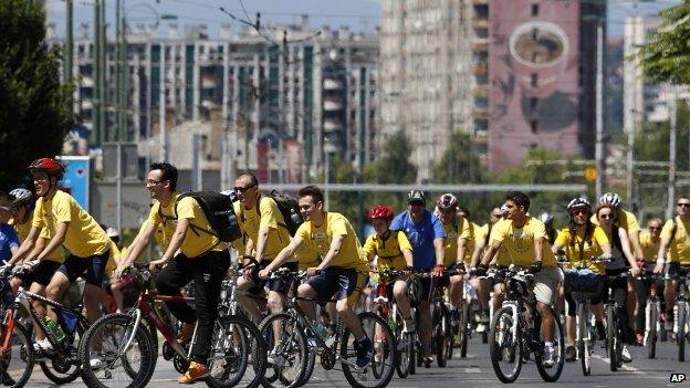 Recreational cyclists ride through Sarajevo before the Sarajevo Grand Prix 22/06/2014