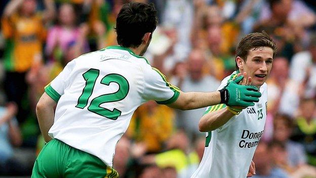 Darach O'Connor [right] is congratulated by team-mate Ryan McHugh after scoring Donegal's second goal