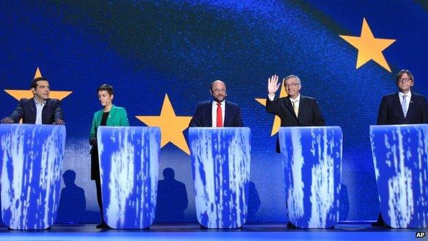 File photo: From left, Alexis Tsipras from Greece, Denmark's Ska Keller, Germany's Martin Schulz, Luxembourg's Jean-Claude Juncker, and Belgium's Guy Verhofstadt hold a televised debate as the 5 candidates campaigning to be next President of the European Commission at the European Parliament in Brussels, 15 May 2014