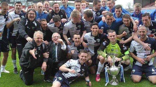 The New Saints celebrate winning the Welsh Cup with a 3-2 victory over Aberystwyth at Wrexham's Racecourse Ground