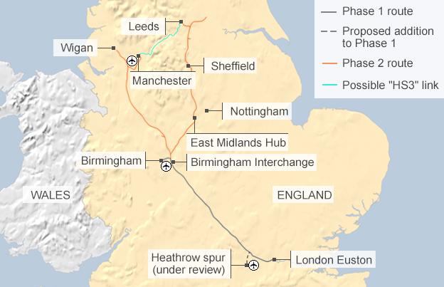 Map of HS2 with additional possible HS3 link