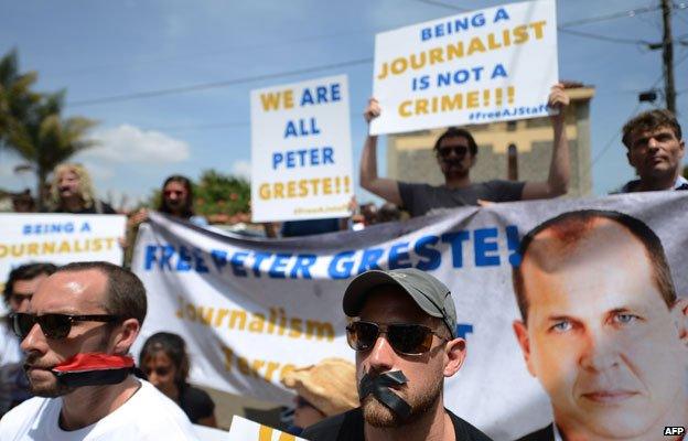 Journalists protesting in Nairobi, Kenya, in February about the case of the al-Jazeera journalists detained in Egypt