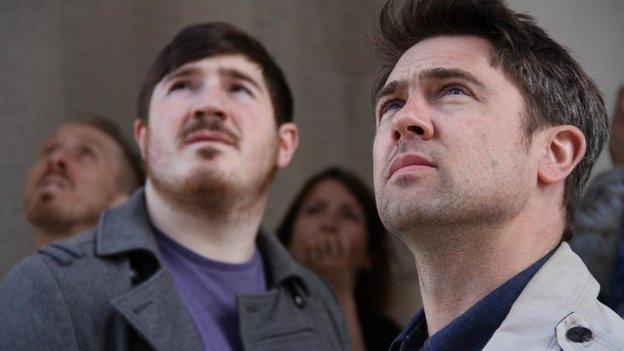 Actor Dafydd Llyr Thomas and writer Owen Sheers visit the war memorial at Thiepval, France