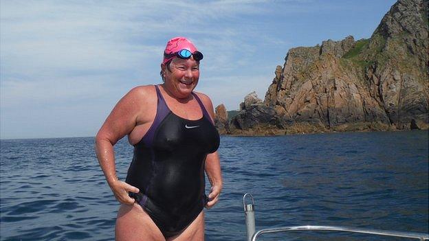 Sally Minty-Gravett after swimming from Sark to Jersey