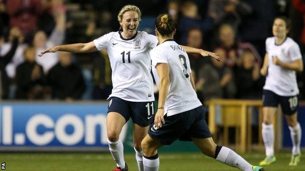 England's Toni Duggan, left celebrates with teammate Ellen White after scoring against Wales in the World Cup qualifier in October