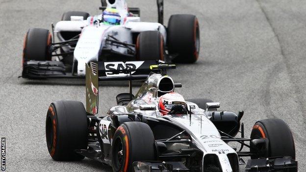 McLaren's Kevin Magnussen leads Felipe Massa of Williams at the 2014 Spanish Grand Prix