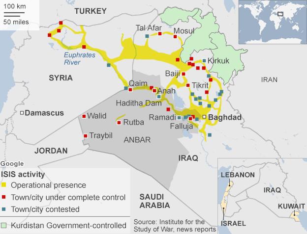 Map showing areas controlled by Islamic State in Iraq and the Levant (Isis) and Iraq's neighbours