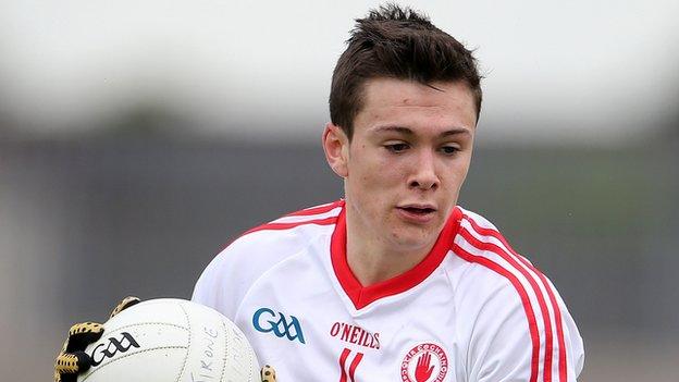 Conor McKenna in action for Tyrone against Down in this year's Ulster Minor Football Championship