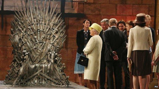 The Queen was presented with a miniature version of the Iron Throne, which features in Game of Thrones, before leaving