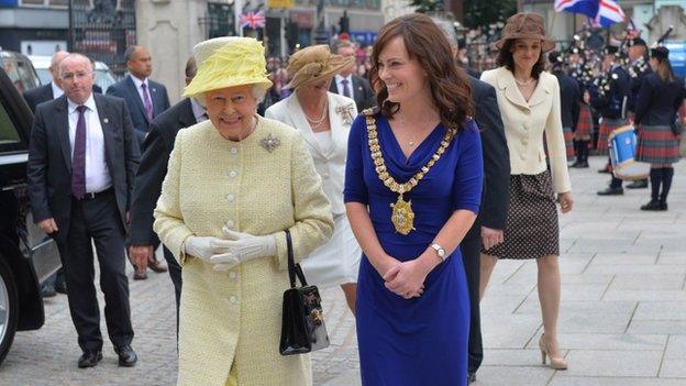 The Queen was welcomed to the city hall by Belfast's Lord Mayor Nicola Mallon