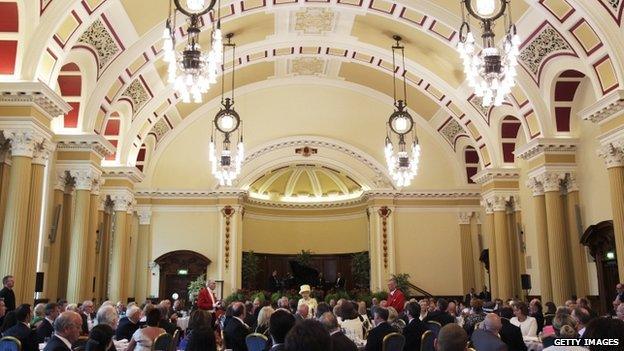 Guests at the city hall dined on Ulster beef on a bed of Comber potatoes with spinach, mushrooms, a pastry fleuron and a rich Madeira sauce