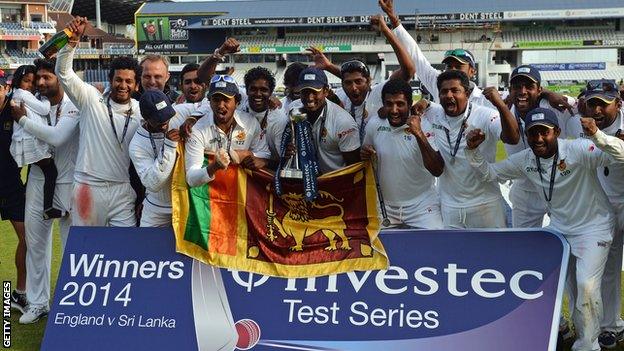 Sri Lanka celebrate with the Test series trophy