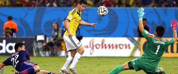 Colombia playmaker James Rodriguez scores against Japan