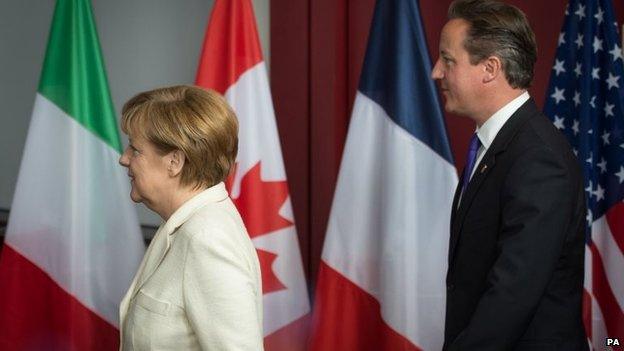 UK Prime Minister David Cameron and German Chancellor Angela Merkel at the G7 Summit held at the EU headquarters in Brussels, Belgium, 5 June 2014