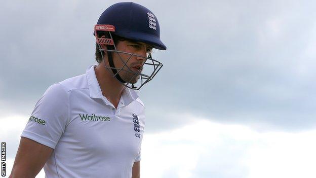 England captain Alastair Cook leaves the field after losing his wicket against Sri Lanka