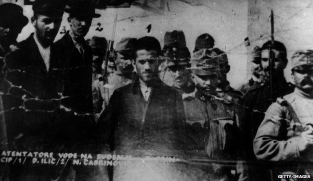 Gavrilo Princip, Danilo Ilitch and N Cabrinovic are conducted to the courtroom after being accused of the shooting of Franz Ferdinand and Sophie