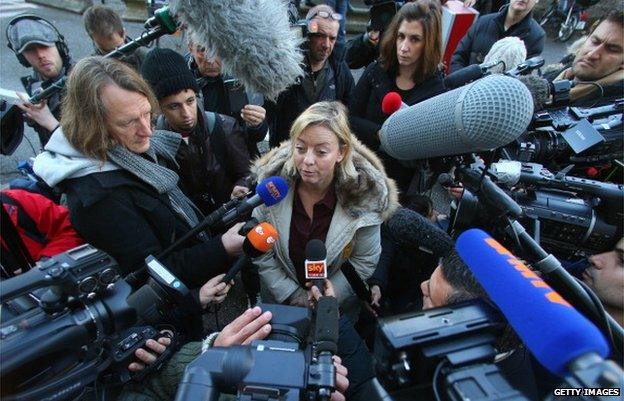 Schumacher family spokeswoman Sabine Kehm outside Grenoble hospital in January