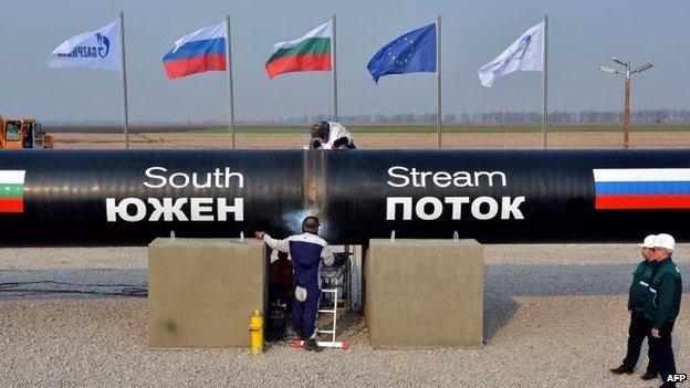 This picture taken on October 31, 2013, shows workers welding pipes during the symbolic start of the construction of the Bulgarian section of Russian gas giant Gazprom"s South Stream pipeline near the village of Rasovo