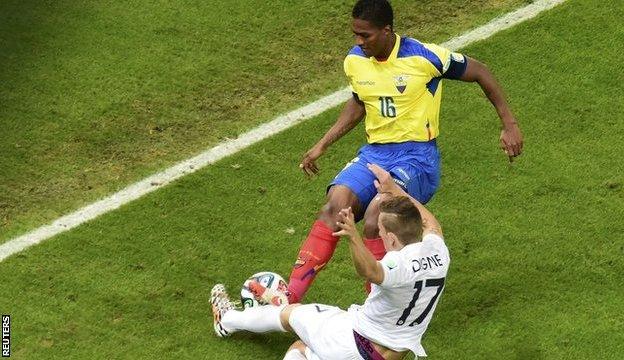 Ecuador captain Antonio Valencia was red carded during the game against France for this challenge on Lucas Digne