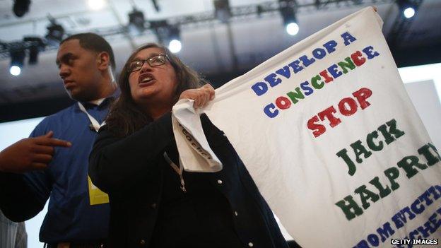 Protester at Google event