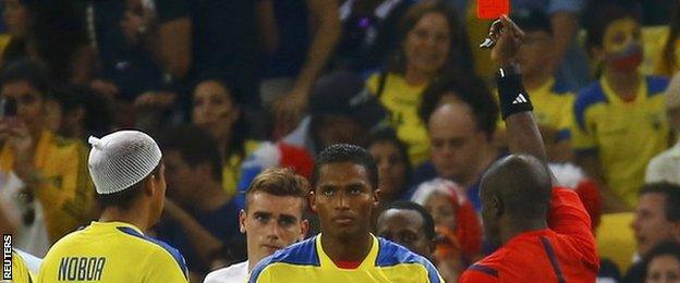 Ecuador captain Antonio Valencia is red carded during the game against France