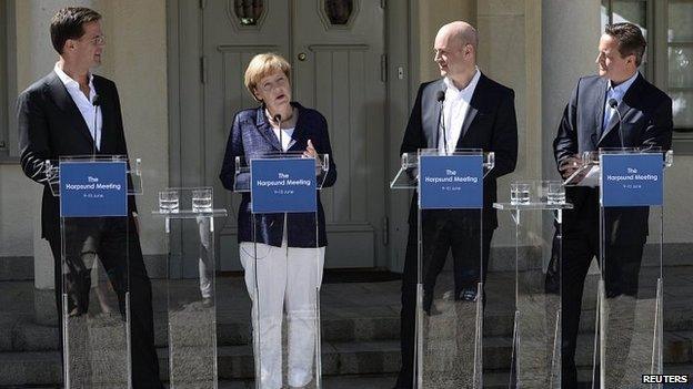 Dutch Prime Minister Mark Rutte (L), Swedish Prime Minister Fredrik Reinfeldt (2nd R) and British Prime Minister David Cameron (R) listen as German Chancellor Angela Merkel speaks during a joint news conference at Reinfeldt"s summer residence in Harpsund, south of Stockholm June 10, 2014.