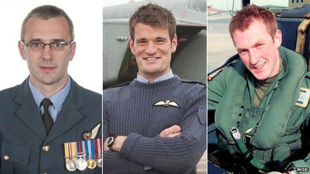 Airmen (from left) Sqd Ldr Samuel Bailey, Flt Lt Hywel Poole and Flt Lt Adam Sanders