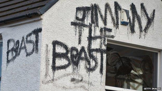 Graffiti on a cottage owned by Jimmy Savile in Glen Coe