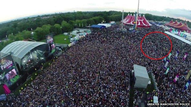 Aerial photograph of the Parklife Festival, with the area of the assault circled.