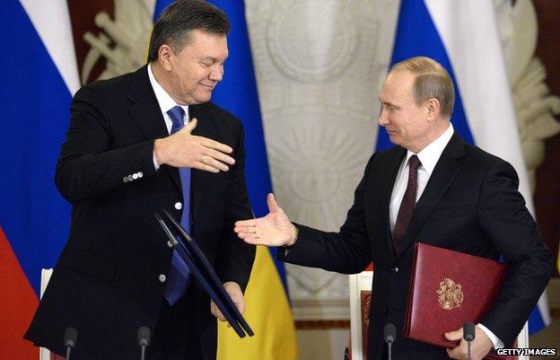 Ukraine's then President Viktor Yanukovych with President Vladimir Putin in Moscow (Dec 2013)