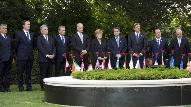 EU leaders during the inauguration of a Peace Bench at the Menin Gate in Ypres, Belgium on on 26 June 2014.