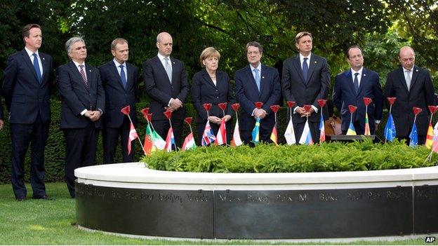 From left: British Prime Minister David Cameron, Austrian Chancellor Werner Faymann , Polish Prime Minister Donald Tusk, Swedish Prime Minister Fredrik Reinfeldt, German Chancellor Angela Merkel, Cypriot President Nicos Anastasiades , Slovenian President Borut Pahor, French President Francois Hollande and Romanian President Traian Basescu